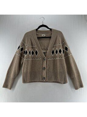 Beymen Club Argyle Cardigan Sweater Size S Wool Blend Gold Metallic V-Neck Brown